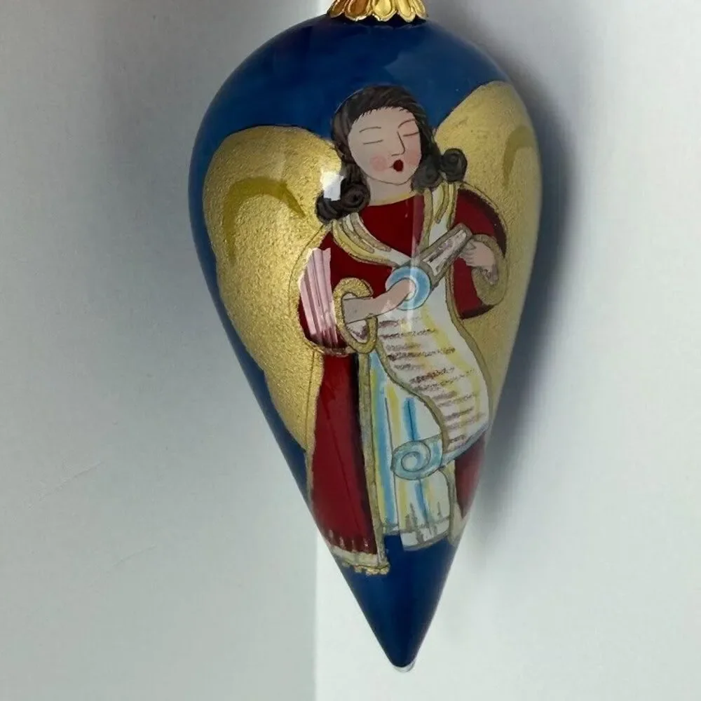 Vintage Pier 1 Li Bien 2000 Angel Ornament Glass Reverse Hand Painted w/ Box